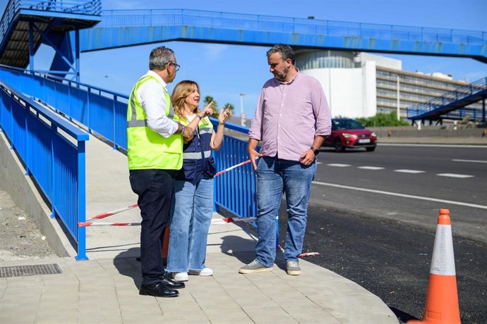 El consejero de Carreteras del Cabildo de Tenerife, Dámaso Arteaga, la presidenta, Rosa Dávila, y el concejal de Movilidad de La Laguna, Domingo Galván, en uan visita a la vía de servicio de acceso al HUC
