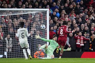 Thibaut Courtois of Real Madrid CF in action during the UEFA Champions League 2025/26 League Phase MD4 match between Liverpool FC and Real Madrid CF at Anfield on November 04, 2025 in Liverpool, England.
