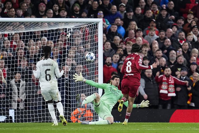 Thibaut Courtois of Real Madrid CF in action during the UEFA Champions League 2025/26 League Phase MD4 match between Liverpool FC and Real Madrid CF at Anfield on November 04, 2025 in Liverpool, England.