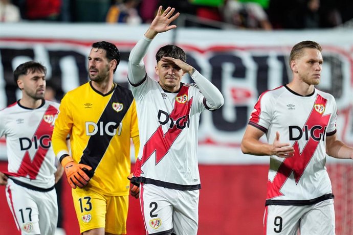 Andrei Ratiu of Rayo Vallecano greets the supporters during the Spanish League, LaLiga EA Sports, football match played between Rayo Vallecano and Deportivo Alaves at Estadio de Vallecas on October 26, 2025, in Madrid, Spain.