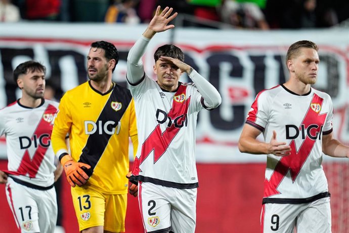 Andrei Ratiu of Rayo Vallecano greets the supporters during the Spanish League, LaLiga EA Sports, football match played between Rayo Vallecano and Deportivo Alaves at Estadio de Vallecas on October 26, 2025, in Madrid, Spain.