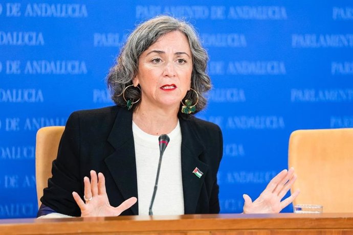 La diputada de Adelante Andalucía Begoña Iza, en rueda de prensa en el Parlamento.
