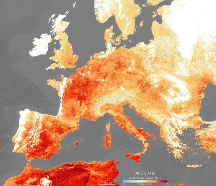 Mapa creado por Copernicus durante un episodio de ola de calor extrema en 2013./