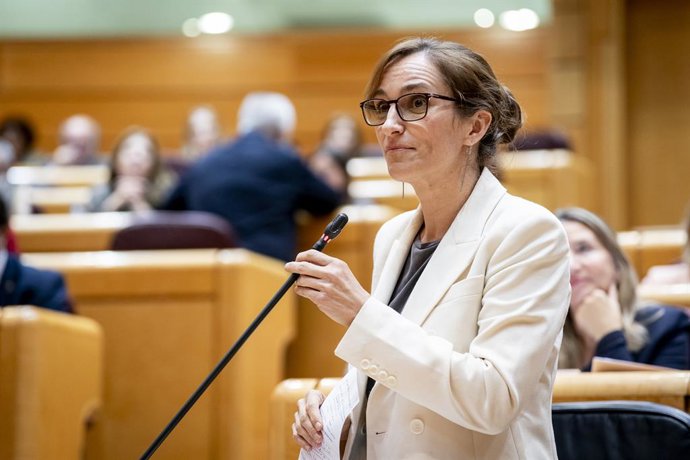 A Ministra da Saúde, Mónica García, fala durante uma sessão plenária, em 4 de novembro de 2025, em Madri (Espanha). O Senado debate o novo modelo de financiamento regional a pedido do grupo parlamentar Izquierda Confederal. Além disso, o Go
