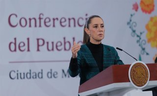 Mexico's President Claudia Sheinbaum speaks during a news conference about the Michoacan Plan for peace and justice, confirming the reinforcement of federal forces in this state after  the murder of the mayor of Uruapan, Carlos Manz.. on November 4, 2025 