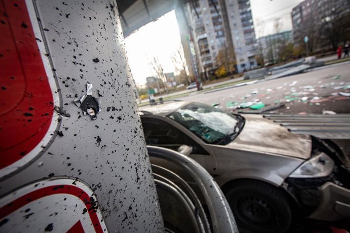 October 30, 2025, Sumy, Sumy, Ukraine: Damage to a gas station after a Russian drone attack in Sumy.