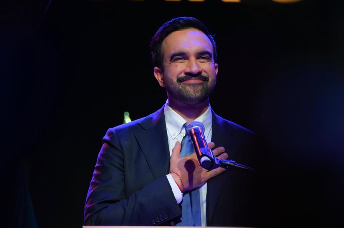 November 5, 2025, New York, New York, USA: Mayor-elect Zohran Mamdani speaks on stage at the Brooklyn Paramount Theatre after victory in the New York City mayoral race.