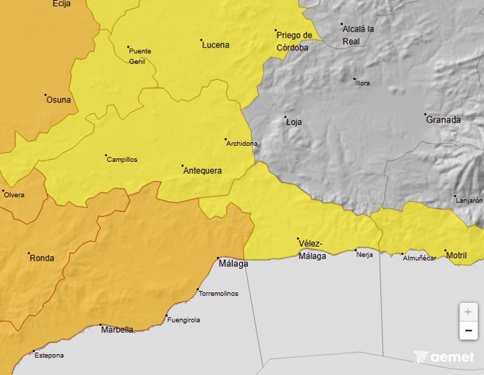 Mapa de avisos de Aemet para la provincia de Málaga para la tarde-noche de la jornada del 5 de noviembre.