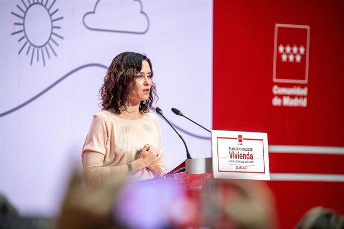 La presidenta de la Comunidad de Madrid, Isabel Díaz Ayuso, durante la presentación del Plan de Vivienda de la Comunidad de Madrid, en la Real Casa de Correos, a 5 de noviembre de 2025