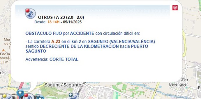 Cortada al tráfico la A-23 en Sagunt con sentido València por el vuelco de un camión