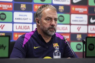 Hansi Flick, head coach of FC Barcelona, attends his press conference during the training day of FC Barcelona ahead the Spanish League, La Liga EA Sports, football match against Elche CF at Ciudad Esportiva Joan Gamper on November 01, 2025 in Sant Joan De