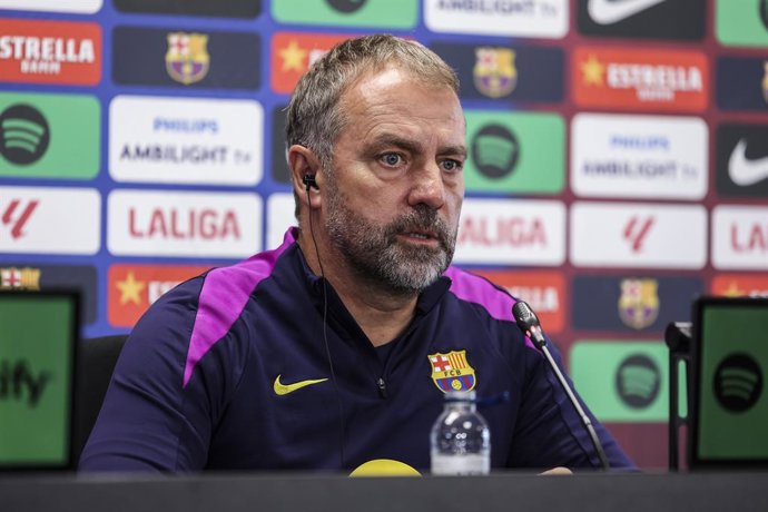 Hansi Flick, head coach of FC Barcelona, attends his press conference during the training day of FC Barcelona ahead the Spanish League, La Liga EA Sports, football match against Elche CF at Ciudad Esportiva Joan Gamper on November 01, 2025 in Sant Joan De
