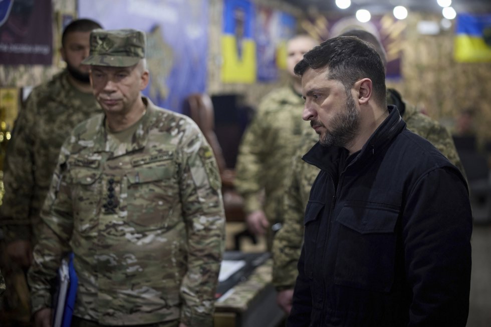 November 4, 2025, Pokrovsk, Donetsk Oblast, Ukraine: Ukrainian President Volodymyr Zelenskyy, right, and Armed Forces Commander General Oleksandr Syrskyi, left, listen to a briefing on the defensive operations in the Dobropillia sector, November 4,