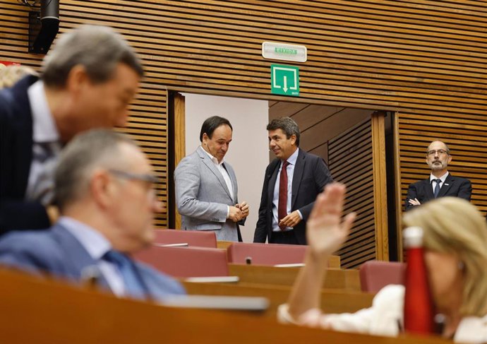 El 'president' de la Generalitat, Carlos Mazón, junto al síndic del PP, Juanfran Pérez Llorca, en una sesión de control en Les Corts