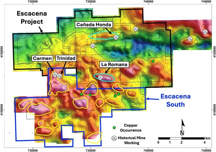 Figure 1 - Gravity anomaly map showing selected targets in Pan Global’s Escacena Project and recently awarded Escacena South area