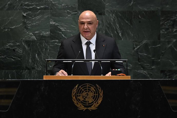 Archivo - NAÇÕES UNIDAS, 23 de setembro de 2025 -- O presidente libanês Joseph Aoun faz um discurso durante o Debate Geral da 80ª sessão da Assembleia Geral das Nações Unidas (AGNU) na sede da ONU em Nova York, em 23 de setembro de 2025.