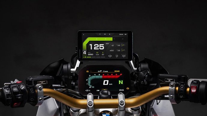 RiderNav R7M mounted on BMW Nav Cradle -- ready to ride, no cables, no setup.