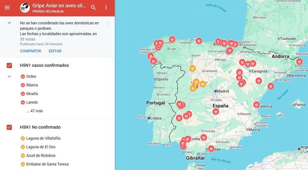 SEO/BirdLife publica un mapa que muestra la situación actual de la gripe aviar en España.