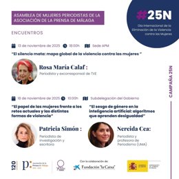 Cartel anunciador de las jornadas que propone la Asamblea de Mujeres Periodistas de la Asociación de la Prensa de Málaga con motivo del 25N.