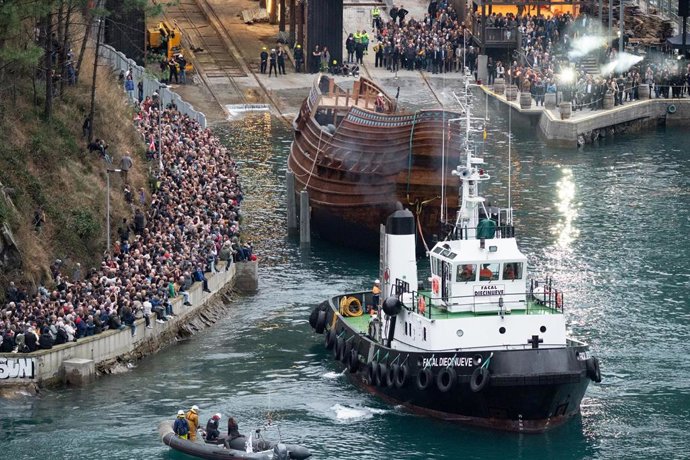 Botadura de la nao San Juan, en Albaola Itsas Kultur Faktoria, a 7 de noviembre de 2025, en Pasaia, San Sebastián, Guipúzcoa, País Vasco (España). 