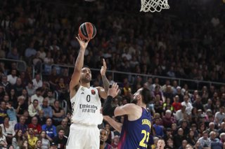 Trey Lyles of Real Madrid in action during the EuroLeague Regular Season Round 9 match played between FC Barcelona and Real Madrid at Palau Blaugrana on November 07, 2025 in Barcelona, Spain.