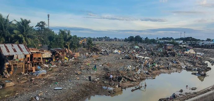 CEBU, Nov. 6, 2025  -- A drone photo taken on Nov. 6, 2025 shows a site devastated by the Typhoon Kalmaegi in Cebu Province, the Philippines. Philippine President Ferdinand Romualdez Marcos declared a state of national calamity due to the impact of Typhoo