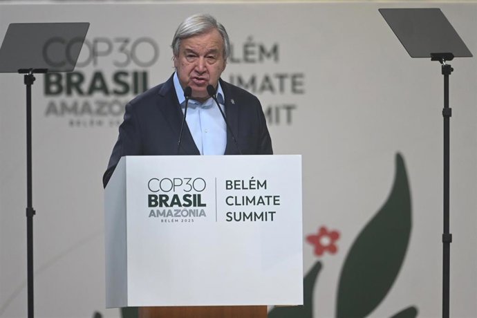 El secretario general de Naciones Unidas, António Guterres, en Belém (Brasil), donde se celebrará la conferencia sobre el cambio climático COP30