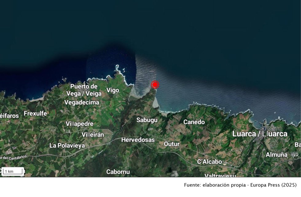 Punto en el que ha aparecido el pescador fallecido en Valdés