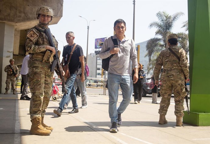 LIMA, Oct. 23, 2025  -- Service women patrol the La Cultura metro station in Lima, Peru, on Oct. 22, 2025. Peruvian President Jose Jeri declared on Tuesday a 30-day state of emergency for the capital Lima and the neighboring Callao region to tackle worsen