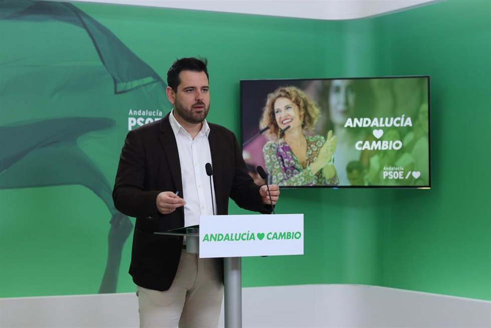El secretario adjunto de Organización del PSOE-A, Alejandro Moyano, en rueda de prensa en la sede del partido en Sevilla.