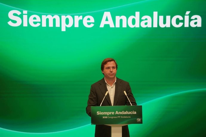 El secretario general del PP de Andalucía, Antonio Repullo, este lunes en rueda de prensa en la sede regional.