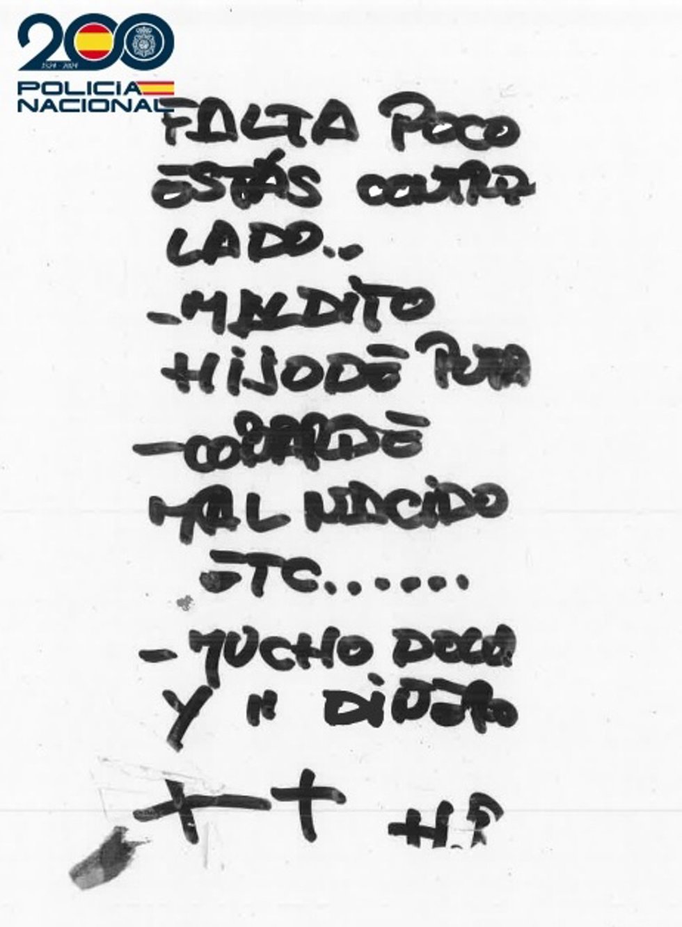Una de las notas manuscritas amenazantes atribuidas al detenido.