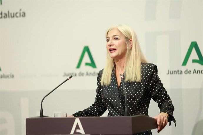 La consejera de Cultura y Deporte de la Junta de Andalucía, Patricia del Pozo, interviene en la rueda de prensa posterior a la reunión semanal del Consejo de Gobierno de la Junta de Andalucía. A 10 de noviembre de 2025, en Sevilla (Andalucía, España). El 