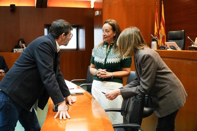 La consejera de Bienestar Social y Familia del Gobierno de Aragón, Carmen Susín, charla con los diputados Álvaro Sanz (IU) y Pilimar Zamora (PSOE).
