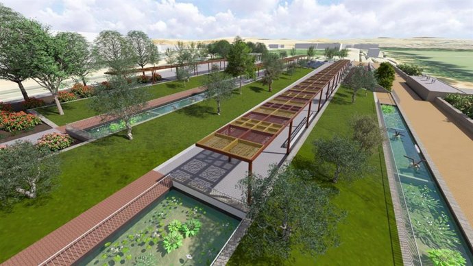Proyecto de restitución de la urbanización afectada por el tanque de tormentas del Balcón del Guadalquivir y su actualización como gran infraestructura verde urbana integrada en el río, con praderas, estanques naturalizados y marquesinas.