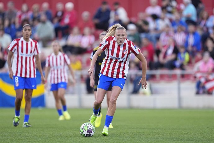 Synne Jensen of Atletico de Madrid in action during the UEFA Women's Champions League 2025/26 league phase MD2 match between Atletico de Madrid and Manchester United Women at Centro Deportivo Wanda Alcala de Henares on October 16, 2025 in Alcala de Henare