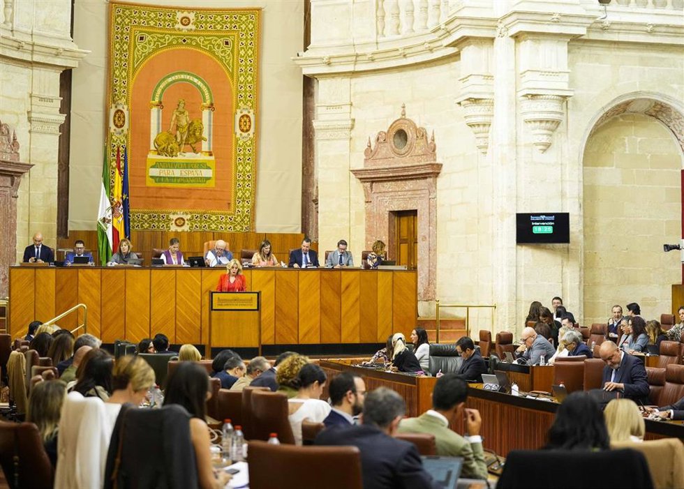 Sesión del Pleno del Parlamento andaluz durante una intervención de la consejera de Economía, Hacienda, Fondos Europeos y Diálogo Social, Carolina España. (Foto de archivo).