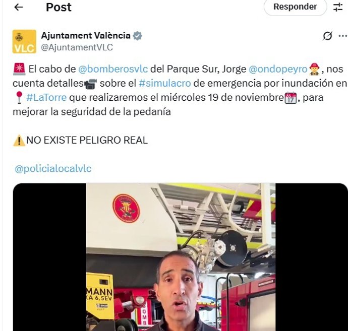 Avís del simulacre que es va a realitzar a La Torre en les xarxes socials de l'Ajuntament de València