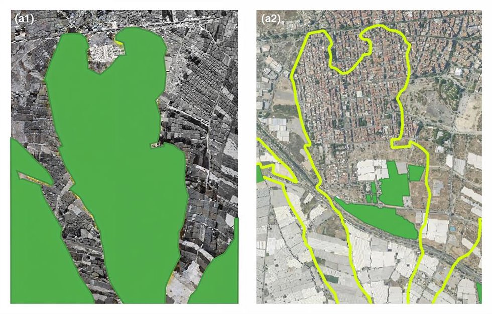 Comparación del área de ocupación de Maytenus senegalensis europaea entre 1956 (a1) y 2021 (a2).