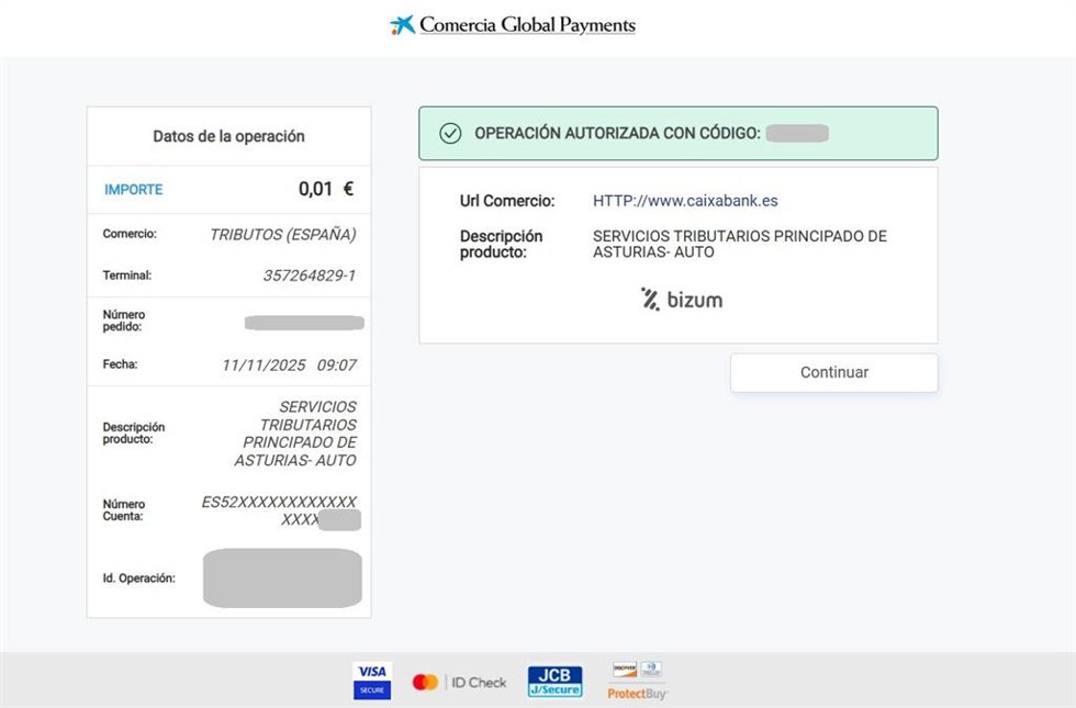Ejemplo de una operación por Bizum con el Ente Tributario del Principado de Asturias.