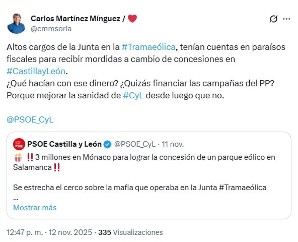 Captura del mensaje publcado en X por Carlos Martínez.