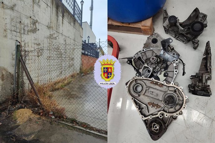 Valla del taller y las piezas robadas.