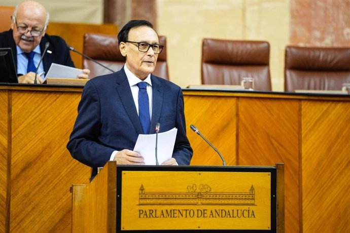 El consejero de Universidad, Investigación e Innovación, José Carlos Gómez Villamandos, interviene en el Pleno del Parlamento andaluz.