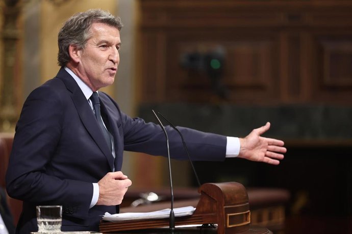 El presidente del Partido Popular, Alberto Núñez Feijóo, durante una sesión de control al Gobierno, en el Congreso de los Diputados, a 12 de noviembre de 2025, en Madrid (España). 