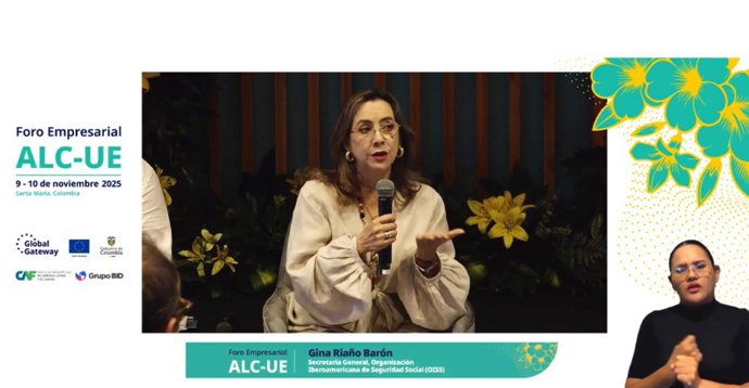 Foto durante la intervención de la secretaria general de la OISS, Gina Magnolia Riaño Barón