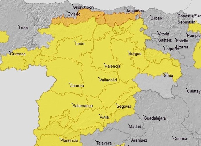Todas las provincias de CyL estarán este jueves en aviso amarillo por lluvia y rachas de viento de hasta 90 km/h