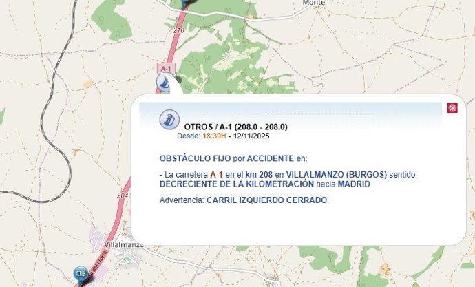 Punto de la colisión múltiple en la A-1, a su paso por Villalmanzo (Burgos).