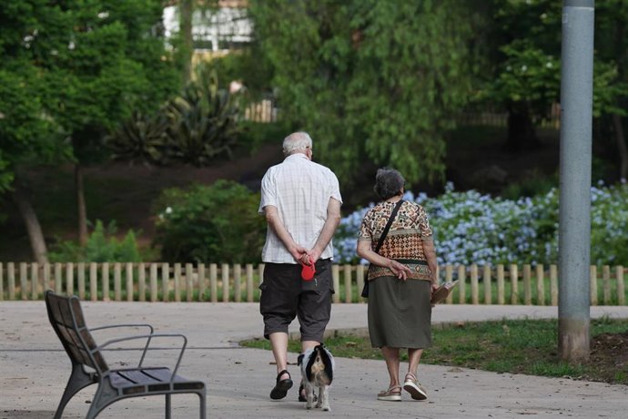 Archivo - Dos personas mayores pasean con su perro en Barcelona.
