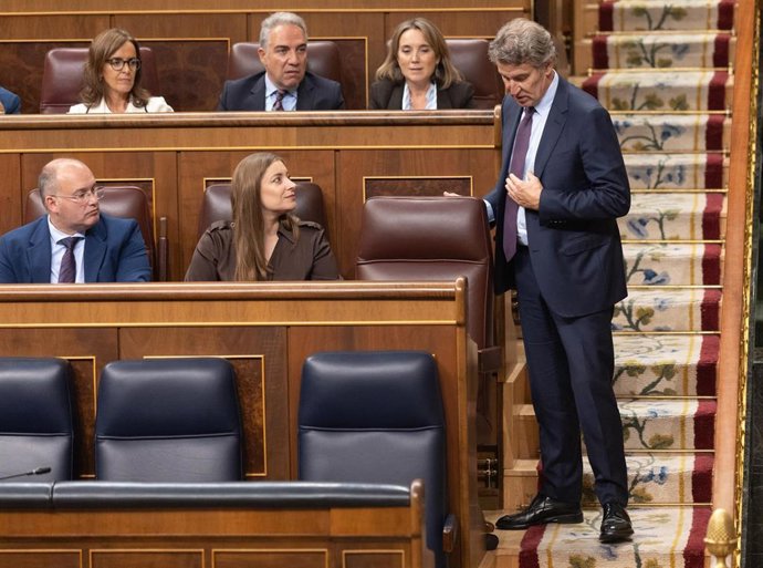 El secretario general del Partido Popular, Miguel Tellado, la portavoz del PP en el Congreso, Ester Muñoz y el presidente del Partido Popular, Alberto Núñez Feijóo.  