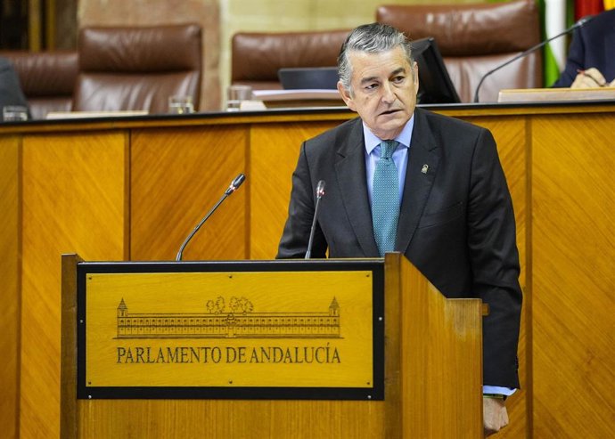El consejero de Sanidad, Presidencia y Emergencias, Antonio Sanz, en el Pleno del Parlamento andaluz.